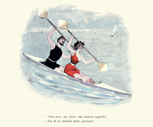 维多利亚时代卡通，年轻情侣在海上度假划皮艇，法国，19世纪复古插画艺术图片下载