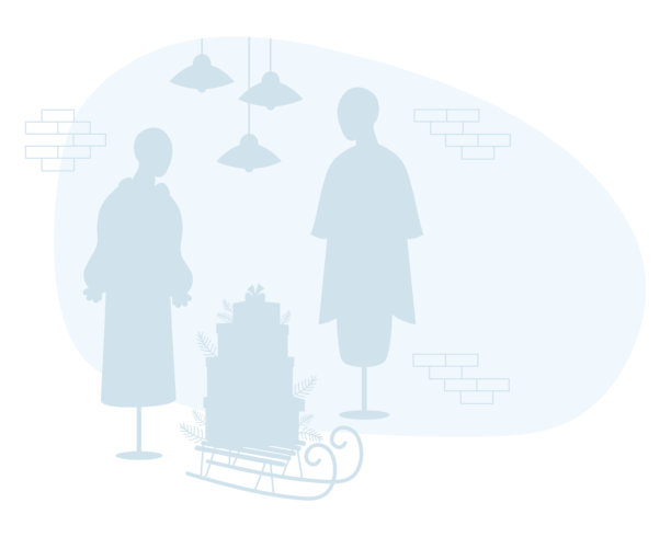 室内圣诞商店，砖墙装饰，女性模特穿着裙子，雪橇上放着新年礼品盒。轮廓画，留有空白区域供文字使用。矢量插图。节日购物概念。图片下载