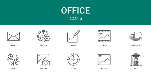 一套包含10个轮廓风格的网络办公图标，如邮件、系统、笔记、视频、交通、事件、照片的矢量图标，适用于报告、演示、图表、网页设计和移动应用。图片下载