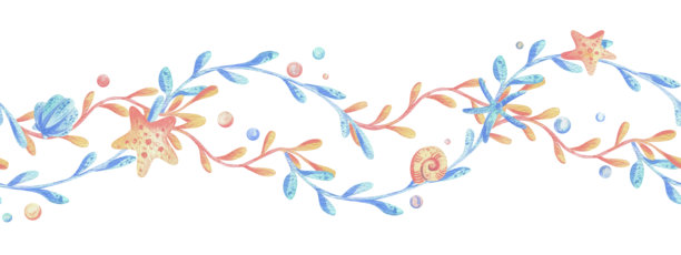 海洋珊瑚、藻类、贝壳、海星、鱼类、气泡。用珊瑚色、绿松石色和蓝色手绘的水彩插图。与背景隔离的无缝边框。图片下载