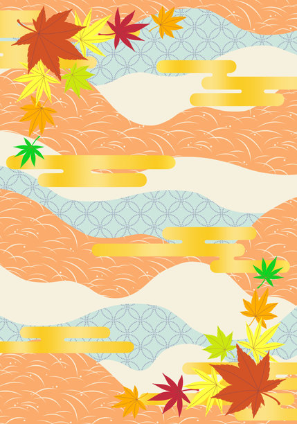 背景插图素材，展示秋叶和金色云彩，搭配日本图案背景图片下载