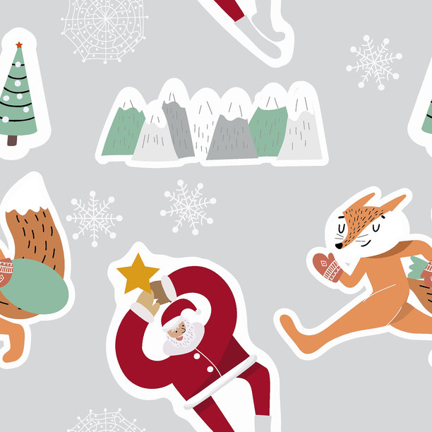 圣诞快乐新年好！无缝图案，运动圣诞老人，新年符号，手绘矢量素材图片下载