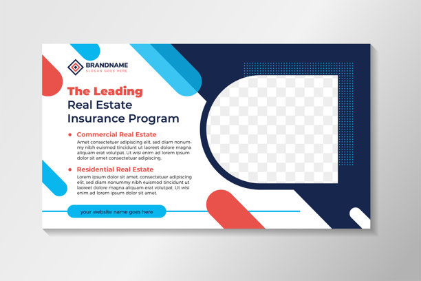 抽象设计海报横幅模板，标题为“领先的房地产保险计划”，白色背景上留有照片拼贴的空间。图片下载