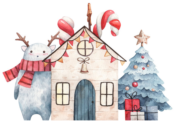 圣诞童话插图，带有可爱的雪人、温馨的房子、装饰好的圣诞树和节日薄荷糖。手绘可爱的水彩贺卡设计，适合幼儿园使用。图片下载