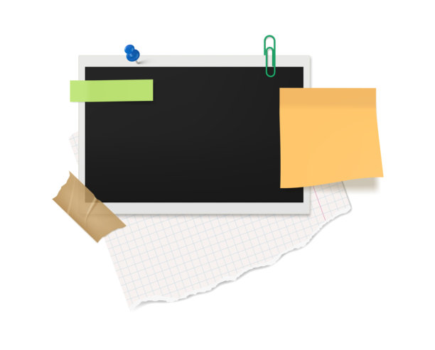 空白真实电影快照图片的模型，现代相框的摄影师笔记。时尚元素的矢量拼贴，包括纸张和胶带，透明胶带和宝丽来相片，金属夹子固定器。图片下载