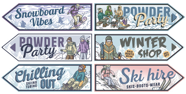 一组复古风格的冬季运动海报，展示人们在雪山景观中享受滑雪、单板滑雪和雪橇的乐趣。冬季海报或标志。图片下载
