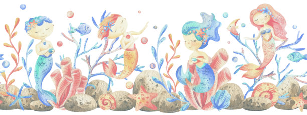 美人鱼与小女孩和小男孩，周围有鱼、贝壳、珊瑚、海藻和海星。水彩插图，手绘的粉彩色调，包含珊瑚色和蓝色。无缝边框，背景独立。图片下载