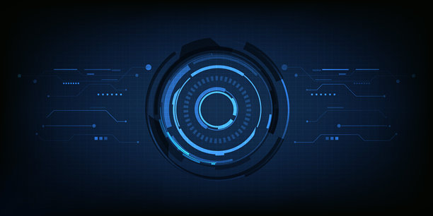 具有圆形HUD和数字电路元素图案的未来蓝色数字高科技矢量插画，用于游戏和广告图片下载