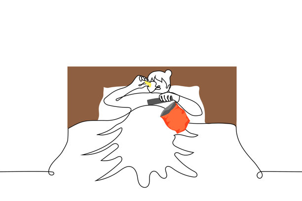 女人躺在床上，一边看电视一边从包装中吃薯片 - 一幅线条画矢量图。躺在床上吃垃圾食品的概念。图片下载