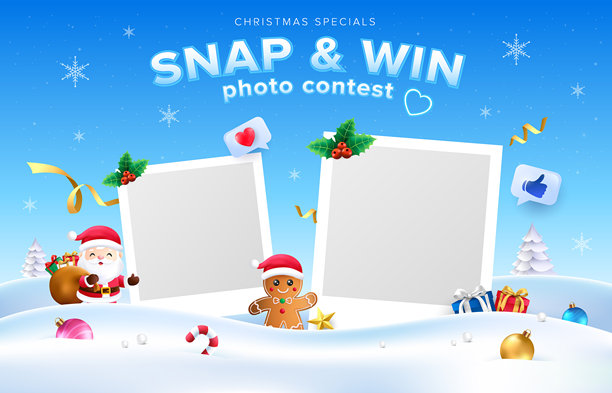 3D蓝色圣诞节快拍赢奖设计，带有照片框背景。图片下载