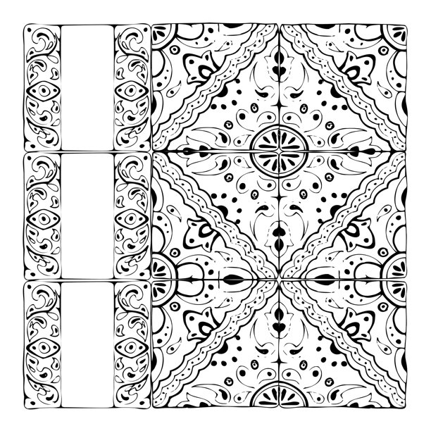 地中海风格的墨西哥阿拉伯摩洛哥马赛克图案，瓷砖墙面地板釉面装饰。独立的瓷砖盘套装。手绘墨水矢量插图。设计建筑、宣传册、家居装饰。图片下载