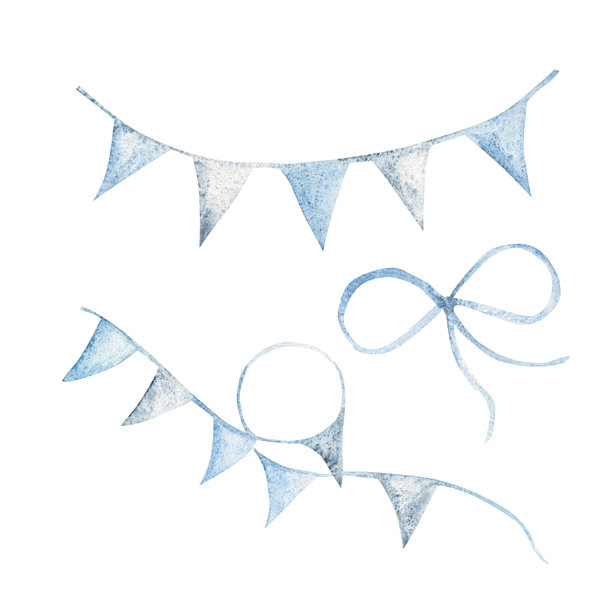 一组彩旗派对旗帜和蝴蝶结。手绘水彩插图，蓝色生日装饰，复古风格，背景为白色。适用于生日、婴儿洗礼、男孩性别派对的设计元素。图片下载