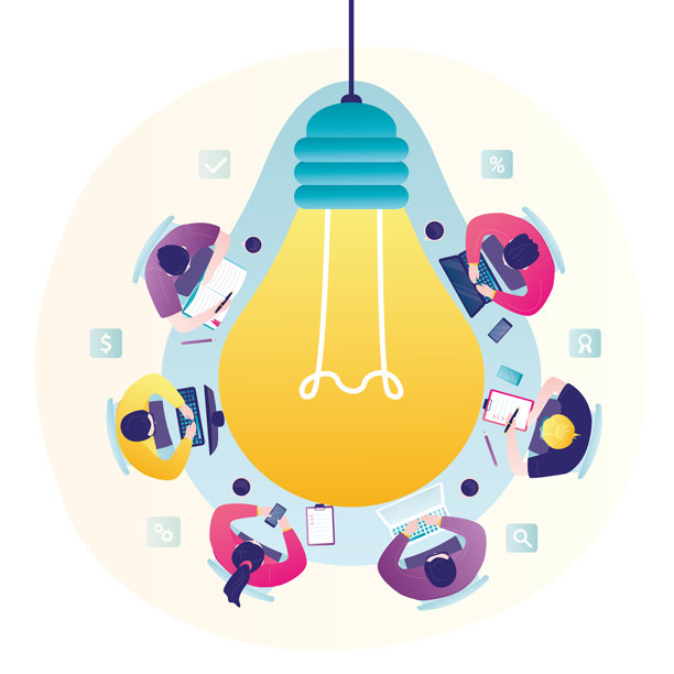 团队合作、头脑风暴、提案。办公室会议。人们围坐在圆桌旁，桌子形状像灯泡。俯视图。团队建设概念。灯泡里的创意与人们。图片下载