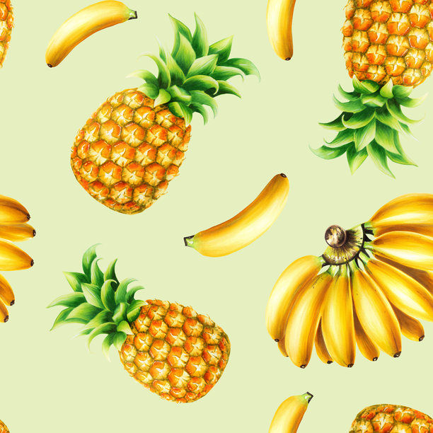 无缝图案，包含菠萝和香蕉插图。热带水彩水果，背景独立。适用于设计师、SPA装饰、明信片、婚礼、问候、壁纸、包装纸、剪贴簿、封面、邀请函、海报和纺织品。图片下载