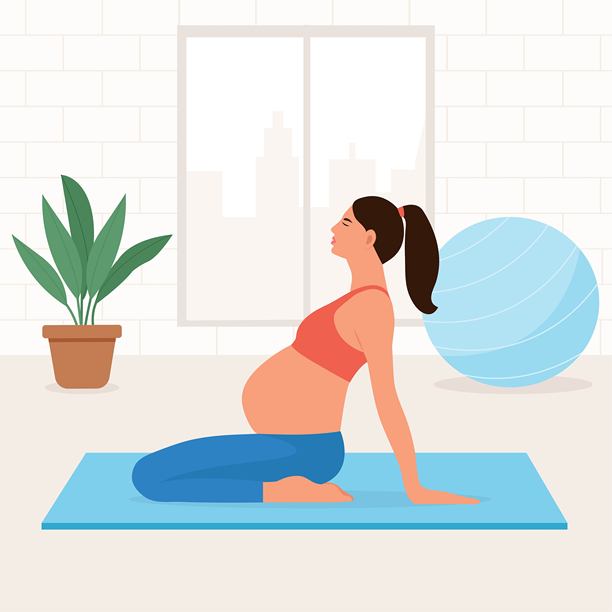 孕妇在她的房间或公寓里冥想。产前拉伸。概念瑜伽、冥想、放松、健康、怀孕、母亲身份。平面矢量插图。图片下载