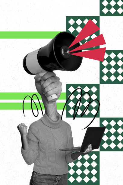 无头卡通女性在工作笔记本电脑前的3D草图艺术作品，展示远程工作的成功，手握拳头和扩音器的照片拼贴。图片下载