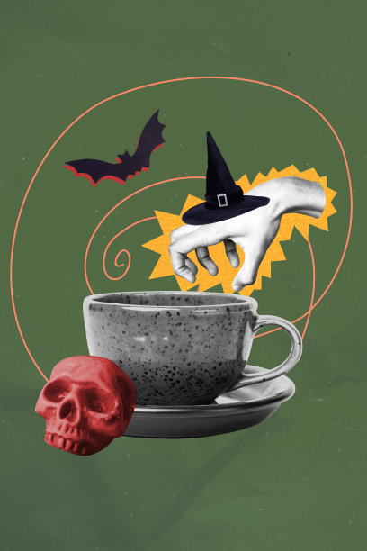手抓女巫帽、毒杯、骷髅、神秘仪式、万圣节庆祝、蝙蝠的垂直照片拼贴，背景为涂鸦风格。图片下载