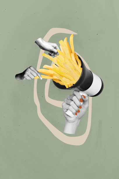 手握扩音器的垂直照片拼贴，手指、咖啡馆、薯条、土豆、菜单、营养、快餐，背景为涂鸦风格。图片下载