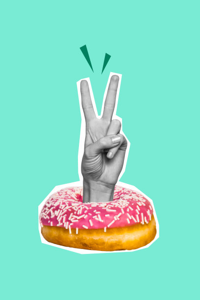 手指竖起两个和平手势的垂直照片拼贴，甜甜圈、甜点、卡路里、不健康的垃圾食品，背景为涂鸦风格。图片下载