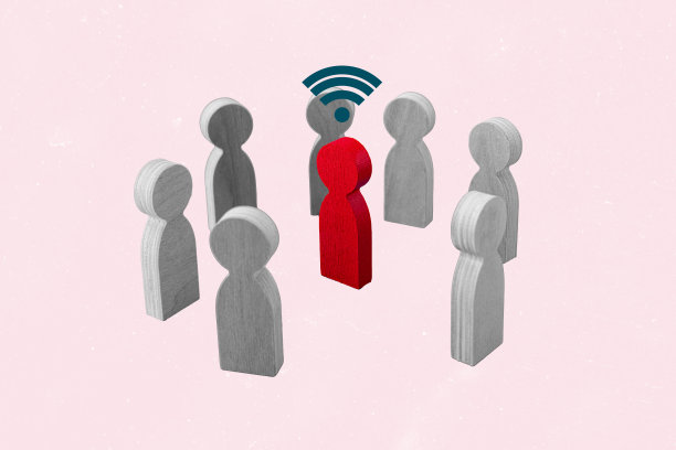 人群木质小雕像组合照片拼贴，展示免费5G连接网络技术的WiFi区域，背景为涂鸦风格。图片下载