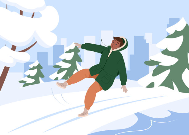 冬季男子在湿滑冰面上摔倒，卡通插画图片下载