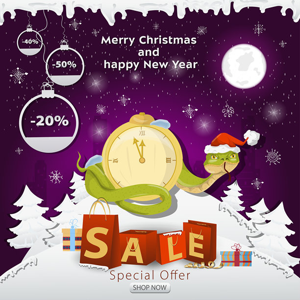 一个圣诞促销横幅，上面有以包裹形式呈现的文字，背景是一个雪地空地。一条戴着圣诞老人帽子的蛇缠绕在手表上。图片下载