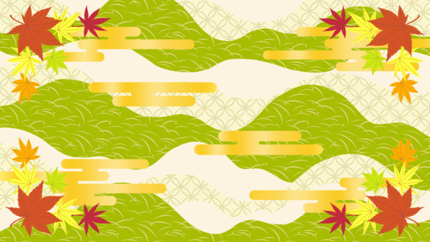 背景插图素材，展示秋叶和金色云彩，搭配日本图案背景图片下载