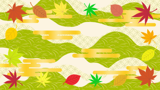 背景插图素材，展示秋叶和金色云彩，搭配日本图案背景图片下载