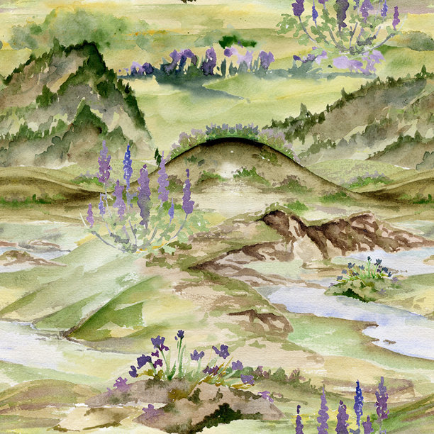 山丘悬崖田野草地沼泽河流阿尔卑斯风光花卉的手绘水彩风景。适用于旅游、度假广告、徒步露营地点和假期的无缝图案。图片下载