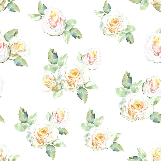 白玫瑰花束与绿叶的无缝图案，来自花园花卉的集合。水彩插图适用于面料、厨房毛巾、纺织品、编织、壁纸和包装纸的花卉设计。手绘的柔和色彩和珠光色彩。图片下载
