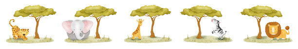 丛林动物：长颈鹿、大象、斑马、豹子、狮子，位于草地上。非洲野兽和南方树木。孤立的手绘水彩图案，适用于婴儿洗礼卡、海报和儿童用品。图片下载