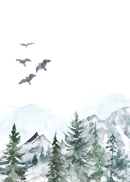 水彩冬季雾霭森林背景，手绘松树和云杉树。山地风景图片下载