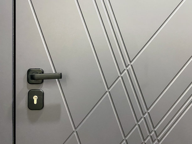 这张图片展示了一扇门的细致特写，突显了一个光滑的黑色把手和一个钥匙孔，强调了建筑设计和功能性的各个元素。图片下载