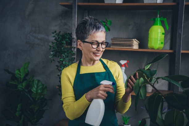 可爱的退休女士的照片肖像，喷洒叶子的花店女商人，穿着绿色围裙，在花店工作。图片下载