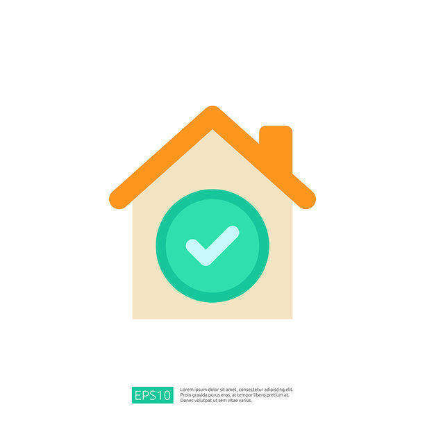 这张图片展示了一个简单的、风格化的房屋图标，中间有一个绿色的勾号，象征着与住房相关的批准或完成。图片下载