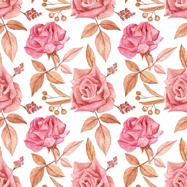 水彩粉色玫瑰与温暖的棕色叶子；手绘无缝图案图片下载