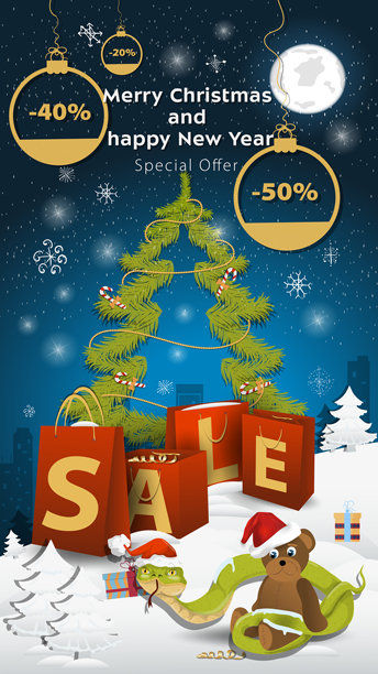 特价促销的标志，呈现为在雪地空地上堆放的大包裹。一条戴着圣诞老人帽子的蛇缠绕在一只玩具熊上。图片下载