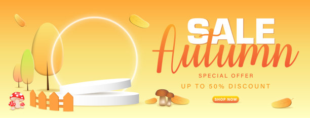 秋季促销，白色讲台，秋天的落叶，秋季树木，蘑菇，温暖色调和橙色背景上的霓虹灯，矢量图和插画图片下载