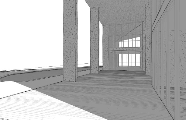 建筑师手绘的大型豪华别墅透视草图，带游泳池图片下载