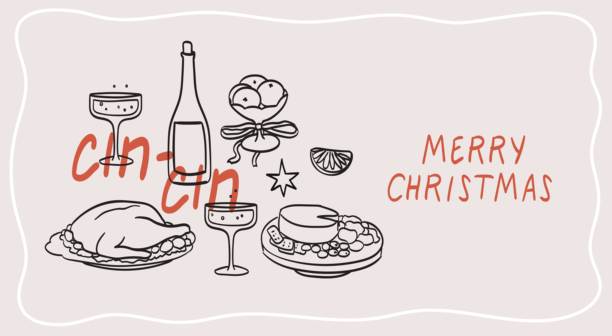 圣诞节墙面艺术装饰或新年派对邀请的矢量插图。现代横向海报标牌，采用墨水极简线条的食物和饮品。圣诞晚餐桌的粉笔蜡笔画。图片下载