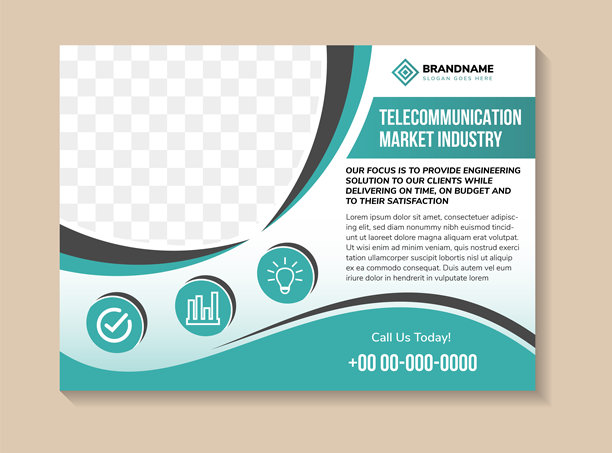 抽象海报横向布局设计模板合集，标题为电信市场行业，蓝白渐变背景上留有照片拼贴的空间。图片下载
