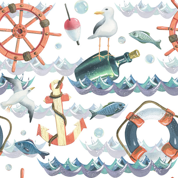 船舵、救生圈、条纹锚、带海鸥的朗姆酒瓶、飞翔的海鸥、鱼、钓鱼浮标、水面漂浮的气泡。手绘水彩插图。无缝图案。图片下载