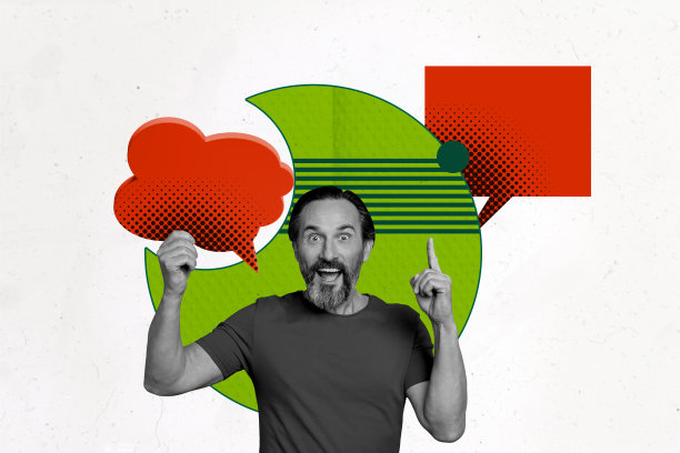 照片拼贴，震惊的男人回复消息，文本框中的创意，寻找解决方案，手指手势展示聪明的思考，兴奋的笑声气泡图片下载