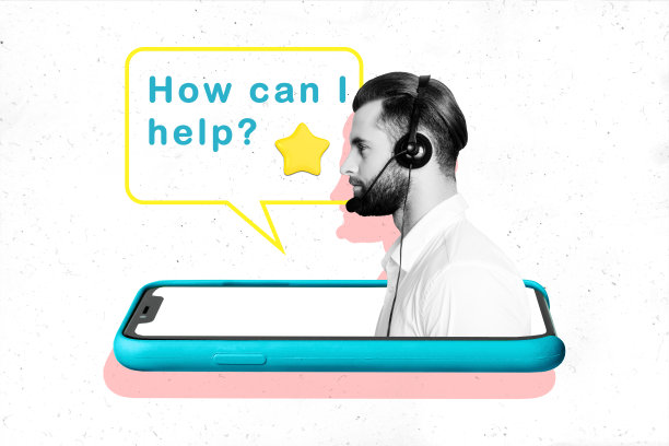 严肃的男性调度员佩戴耳机，透过手机屏幕查看热线服务星级评价的合成照片拼贴，背景为涂鸦风格。图片下载