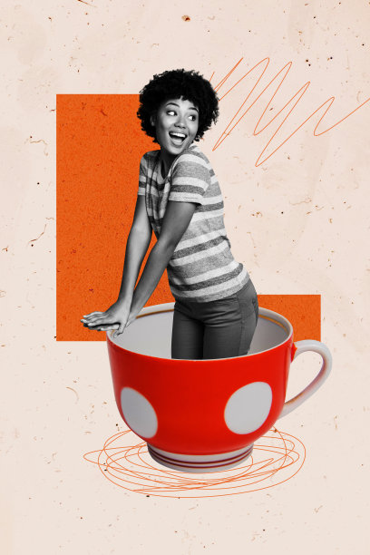 快乐的美国女孩坐在咖啡杯里，享受茶会早餐饮品的竖版照片拼贴，背景为涂鸦风格。图片下载