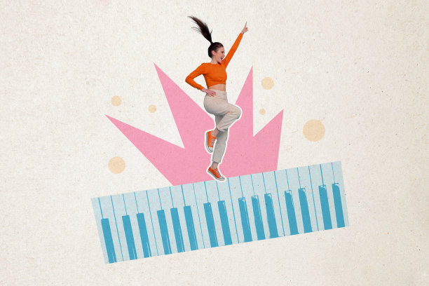 兴奋快乐的女孩在钢琴键盘上跳舞的拼贴照片，周末音乐活动，背景为涂鸦风格。图片下载