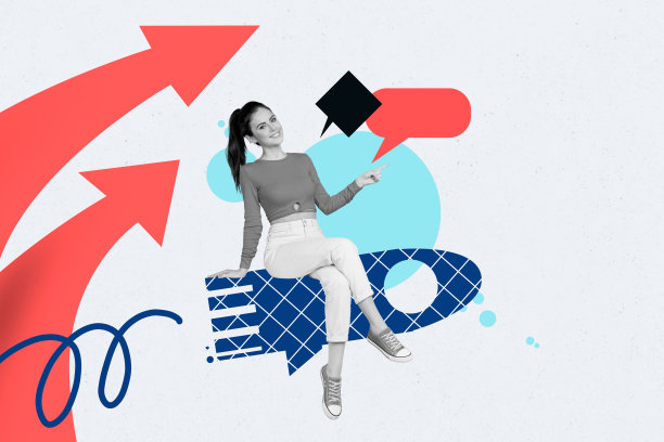创意图片拼贴，年轻快乐的女性，文本框消息，沟通，演讲，火箭发射，飞行，实现目标，瞄准上升图片下载