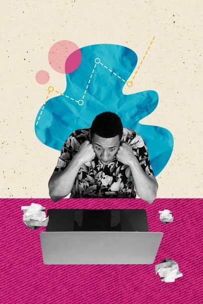 印象深刻的男士在创意背景下使用笔记本电脑的垂直拼贴艺术作品图片图片下载