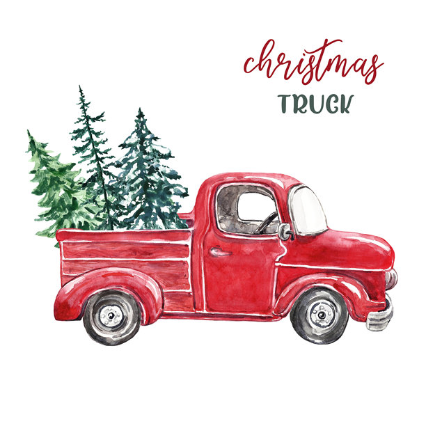 水彩红色圣诞卡车与松树，背景为白色。手绘抽象复古汽车，冬季插图。图片下载