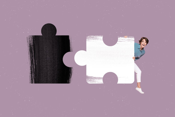 趋势艺术作品 3D 图像照片拼贴，展示年轻女性微笑着解决巨大难题拼图的场景。图片下载